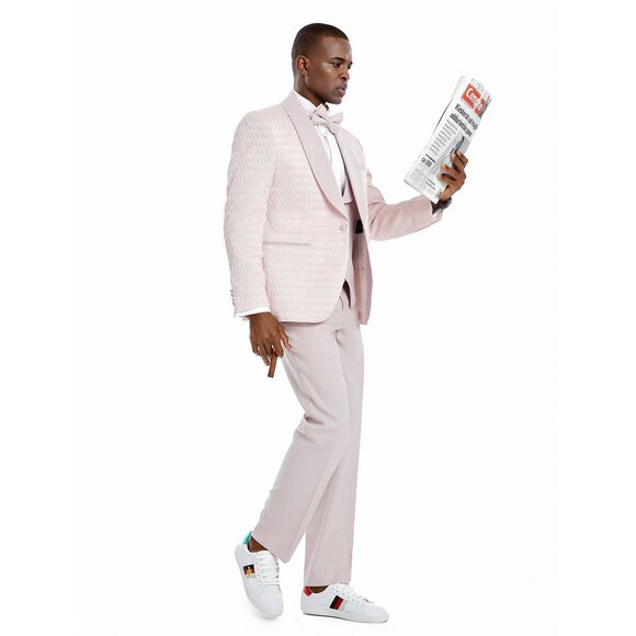 Round Honeycomb Textured 3pc Suit w/ Semi Double Breasted Vest, Pink - Picture 3 of 7